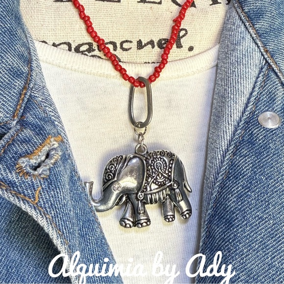 Big Silver Elephant Necklace with Red Beads - Picture 2 of 3